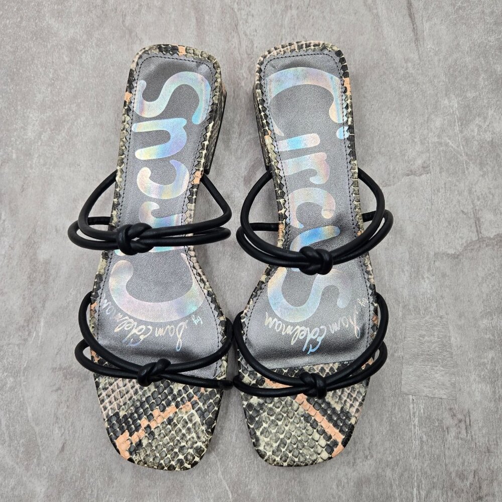 Sam Edelman Black Strap Snake-Print Low Block Heel Sandals - Picture 2 of 10